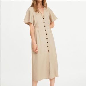 Zara Button Down Flutter Sleeves Midi Dress Medium Tan